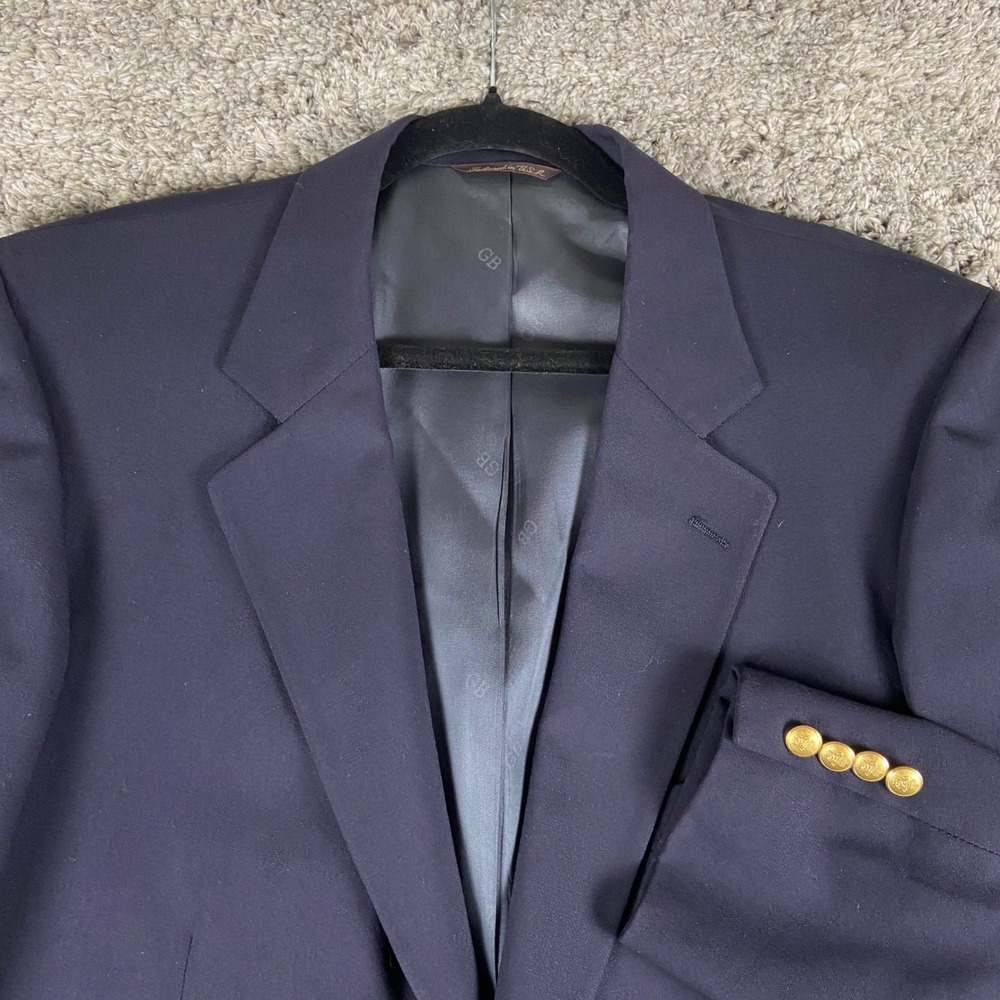 Geoffrey Beene Gold Button Blazer Men 46R Navy Blue Wool Tailored USA Sport Coat